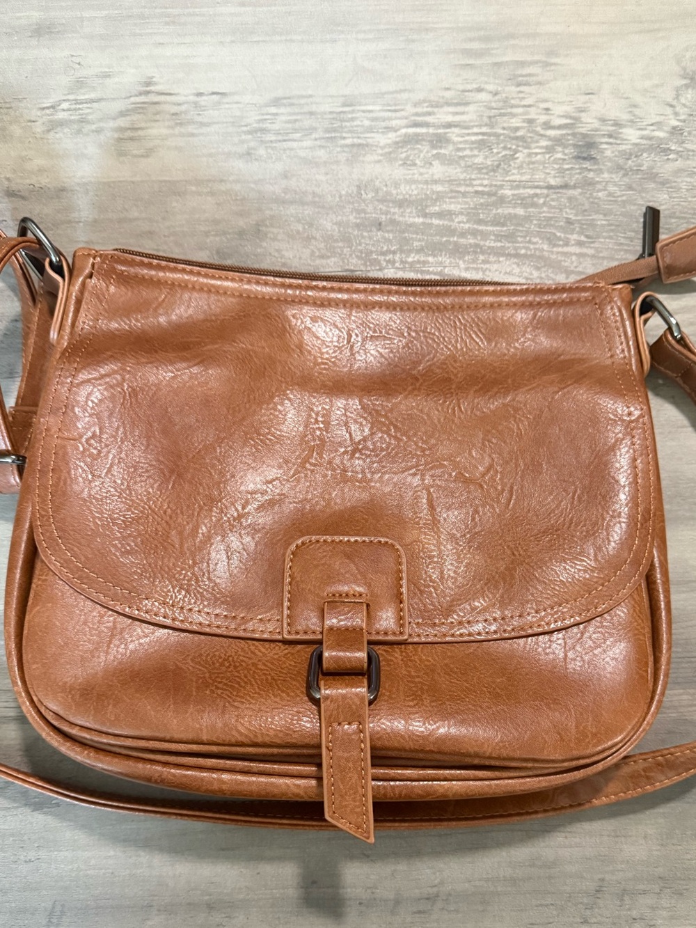 Cognac Faux Leather Saddle Crossbody